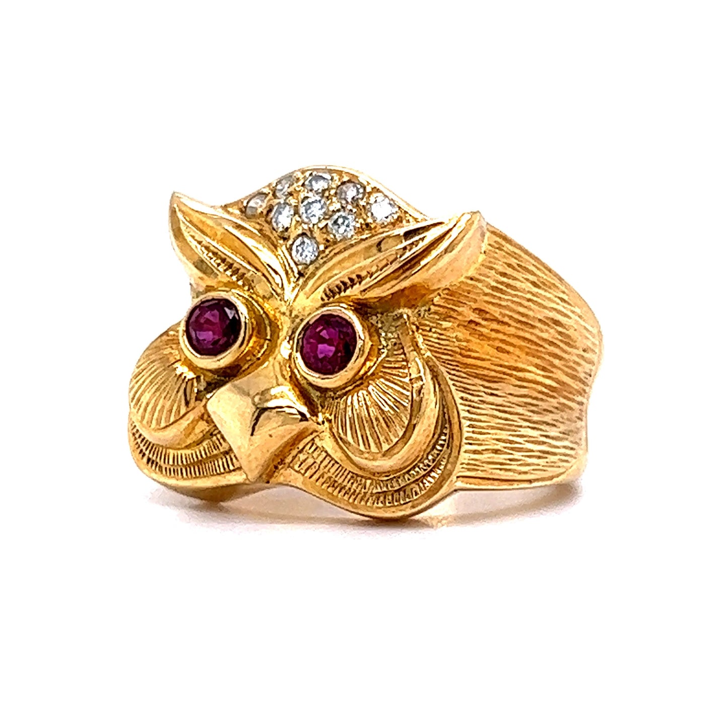 Diamond & Ruby Eyed Owl Cocktail Ring in 18k Yellow Gold