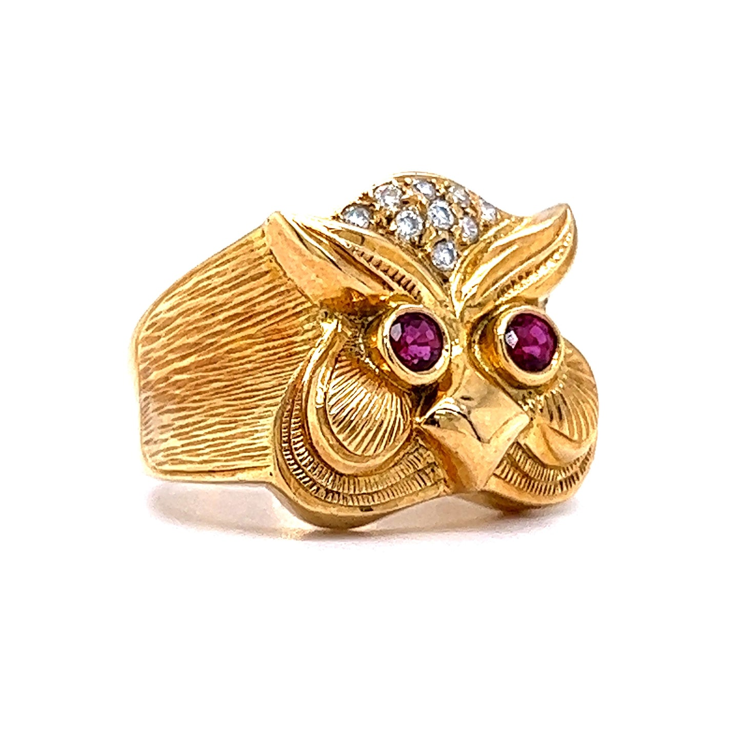 Diamond & Ruby Eyed Owl Cocktail Ring in 18k Yellow Gold