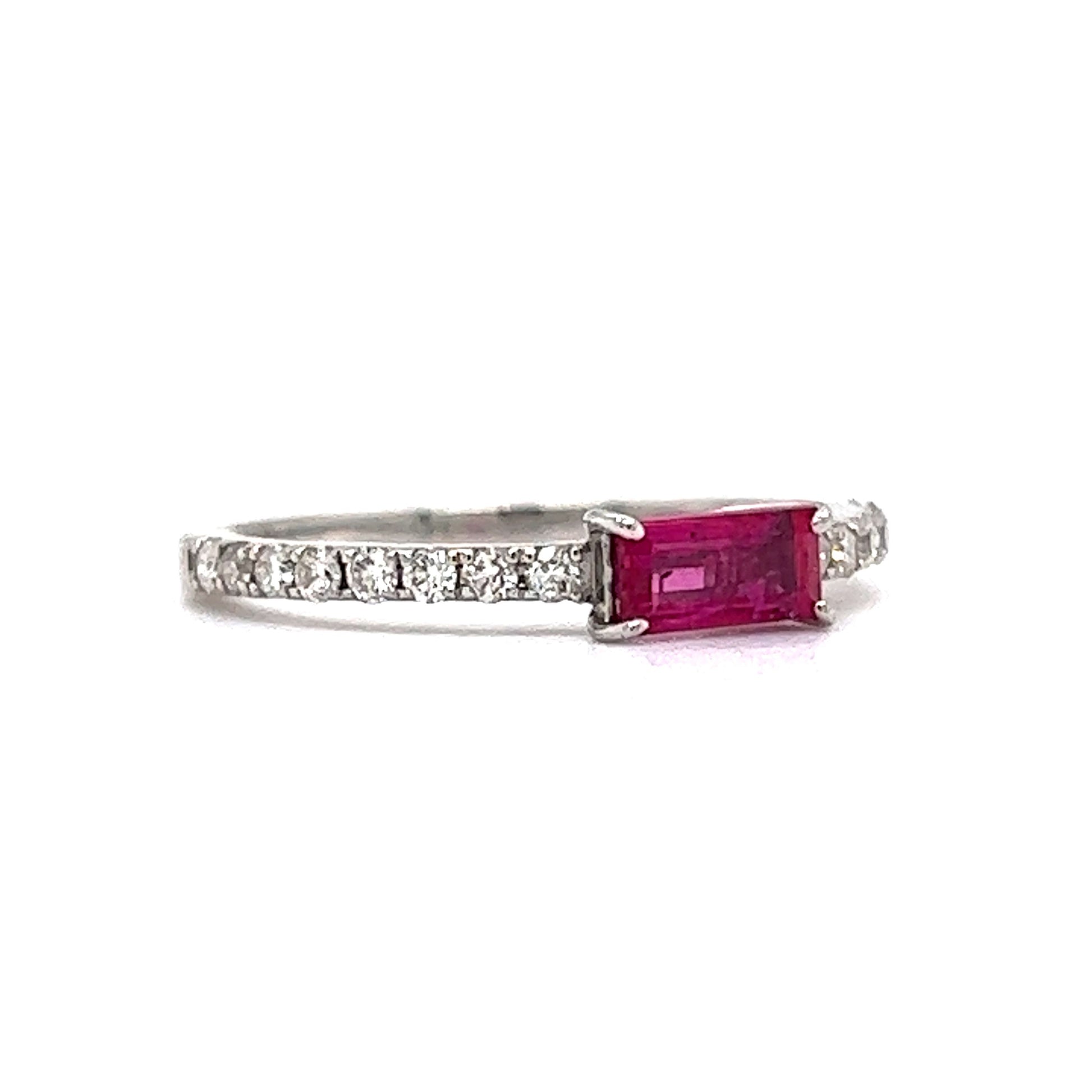 Baguette Cut Ruby & Diamond Stacking Ring in Platinum