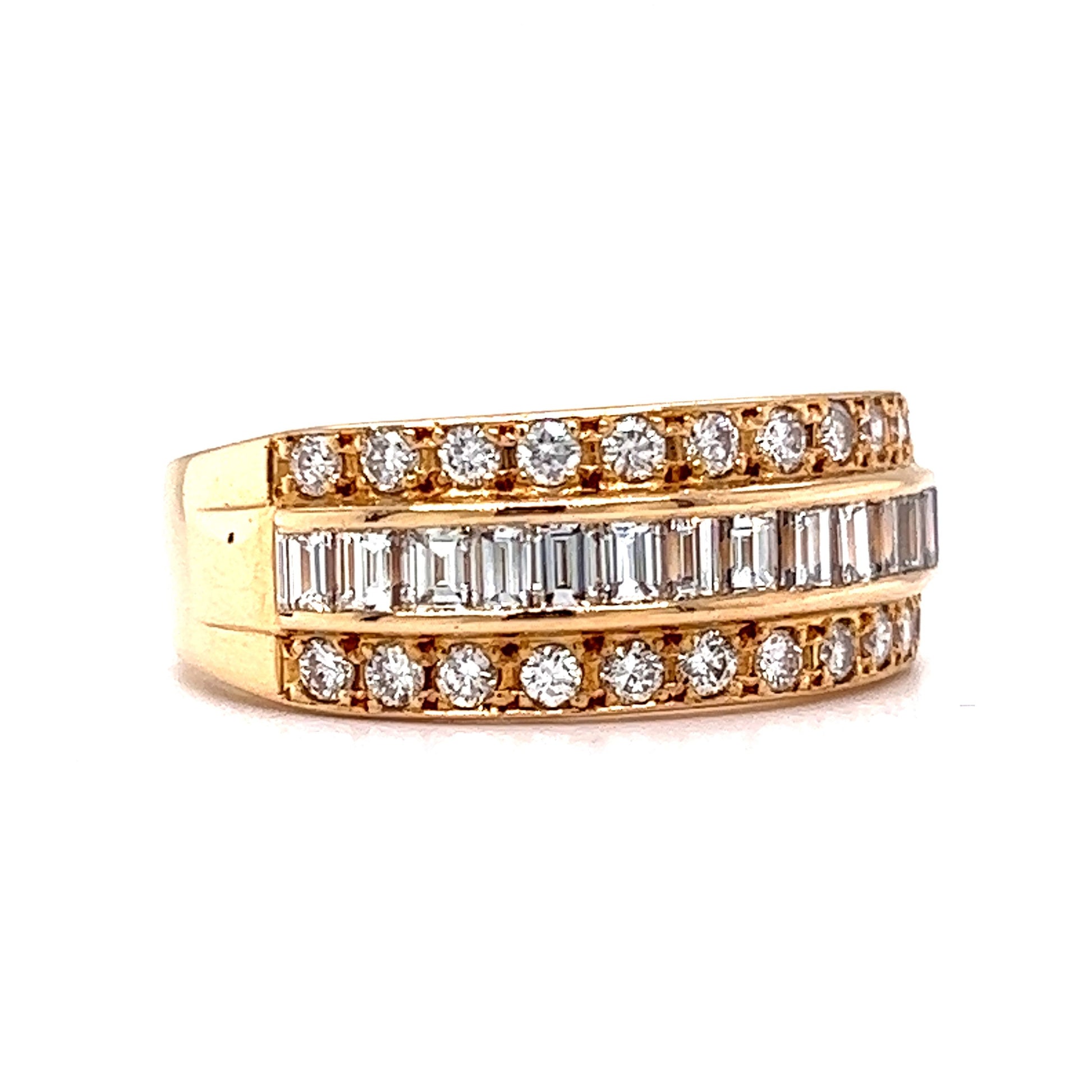 Stacked Channel Set Baguette & Round Diamond Ring in 18k Yellow Gold