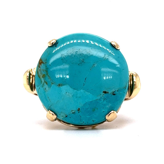 Round Turquoise Mid-Century Cocktail Ring in 14k Yellow Gold