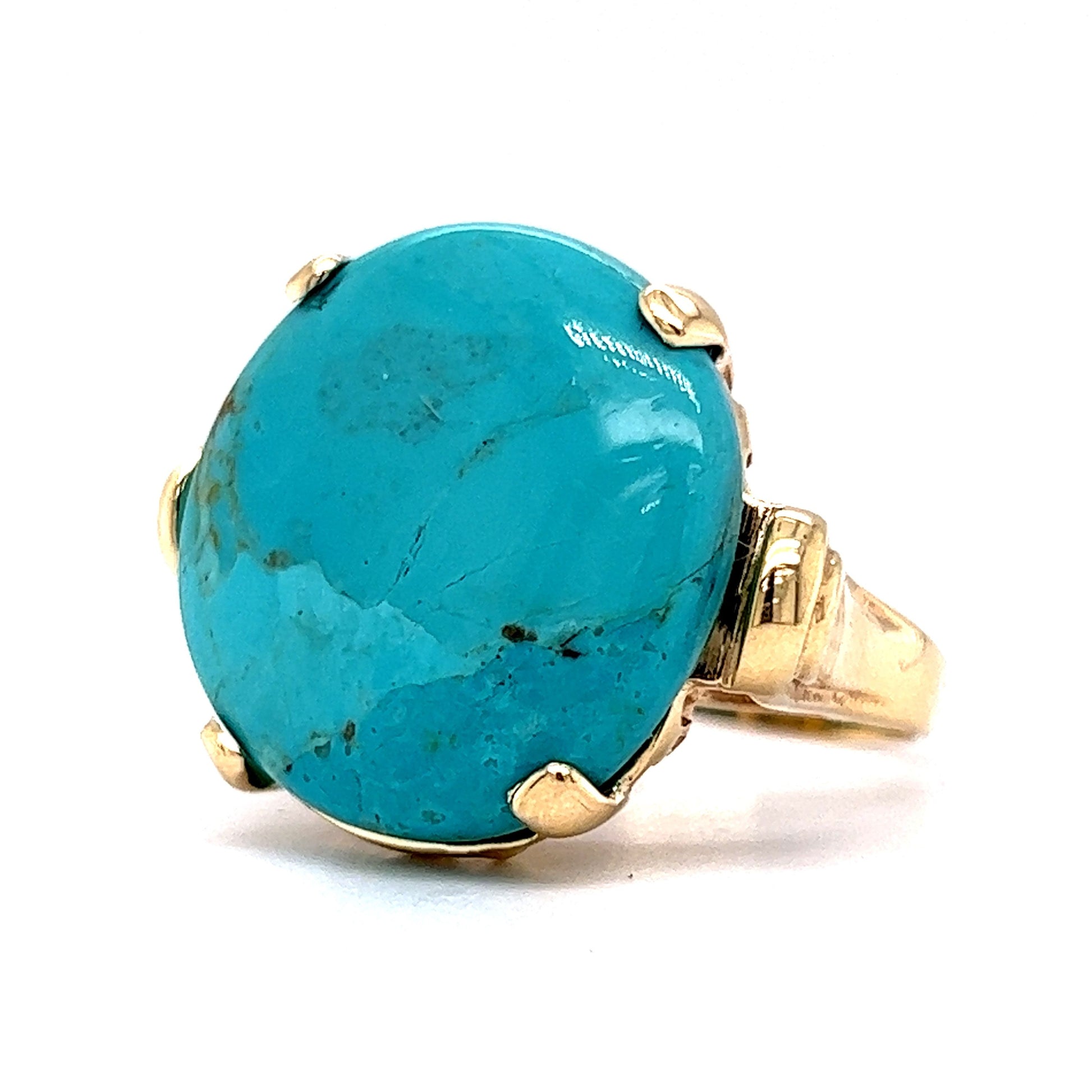 Round Turquoise Mid-Century Cocktail Ring in 14k Yellow Gold