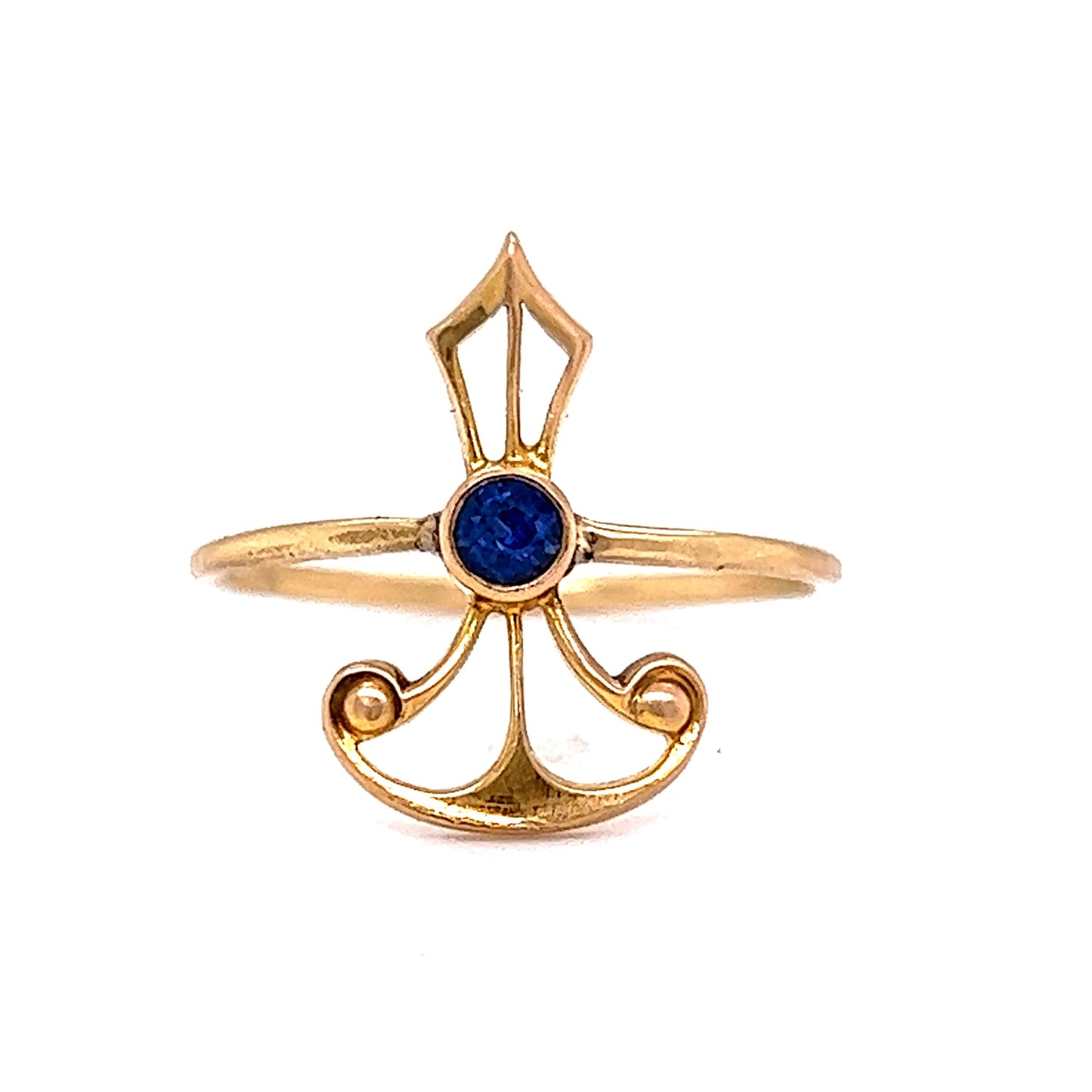 Geometric Victorian Blue Sapphire Ring in 14k Yellow Gold