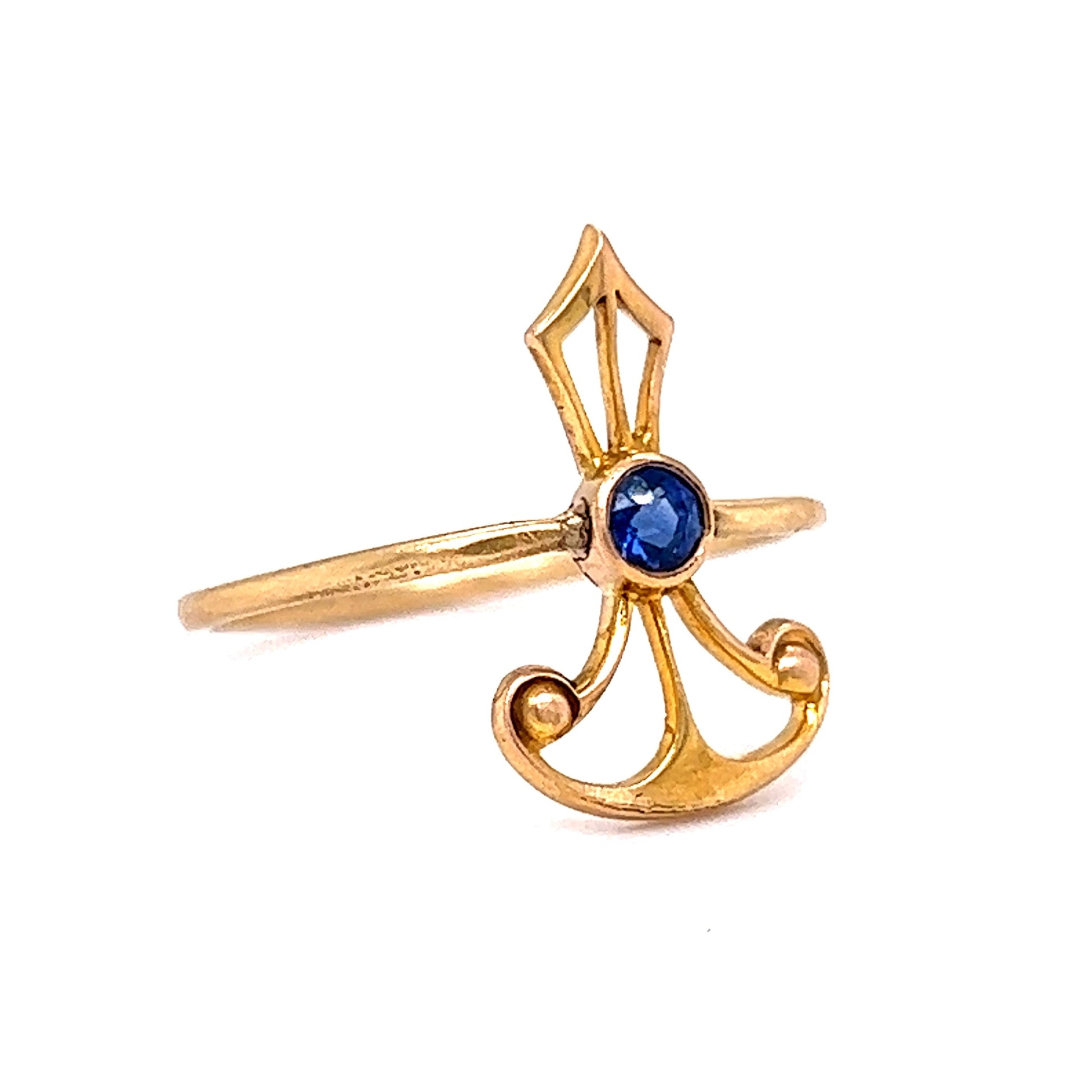 Geometric Victorian Blue Sapphire Ring in 14k Yellow Gold