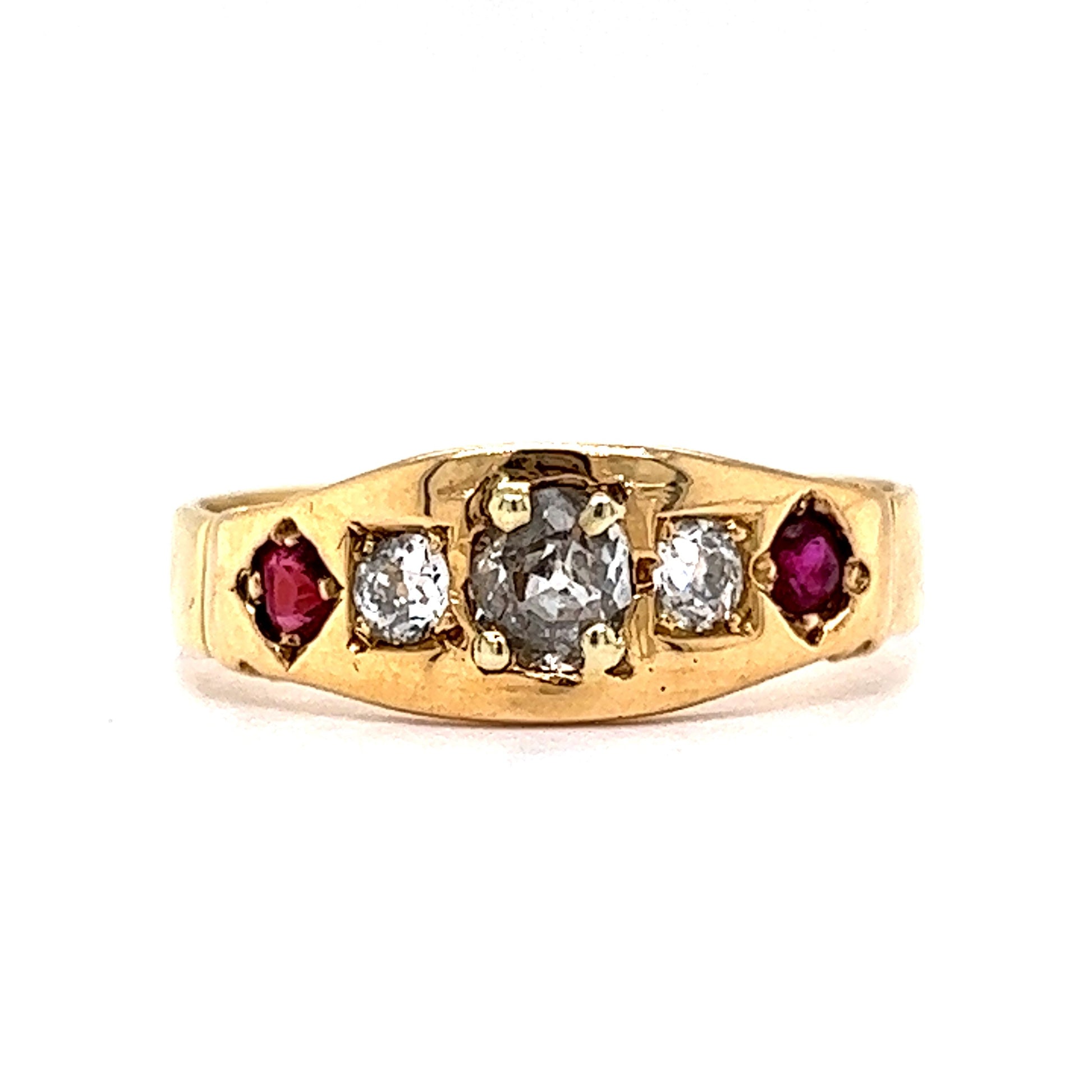 Victorian Five Stone Diamond & Ruby Band in 18k Yellow Gold