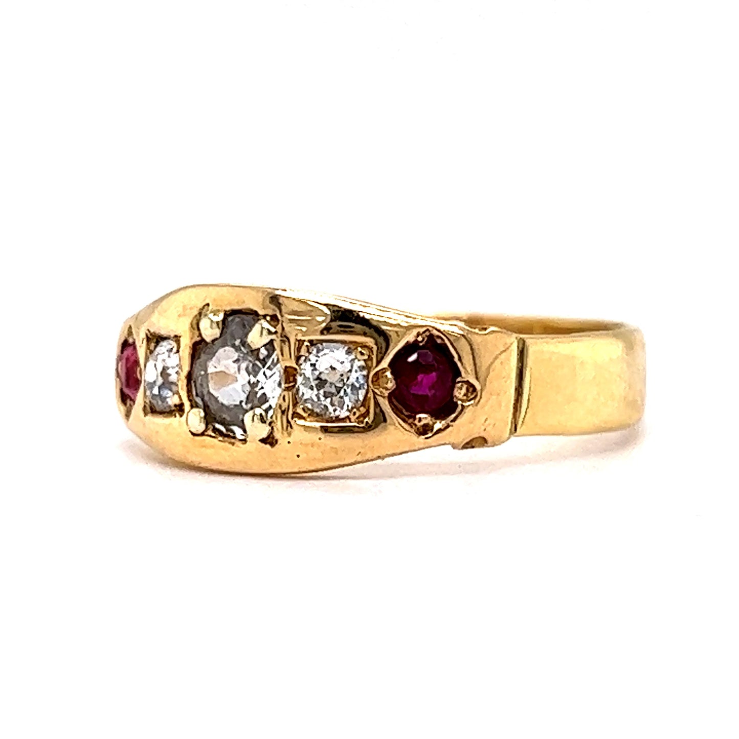 Victorian Five Stone Diamond & Ruby Band in 18k Yellow Gold