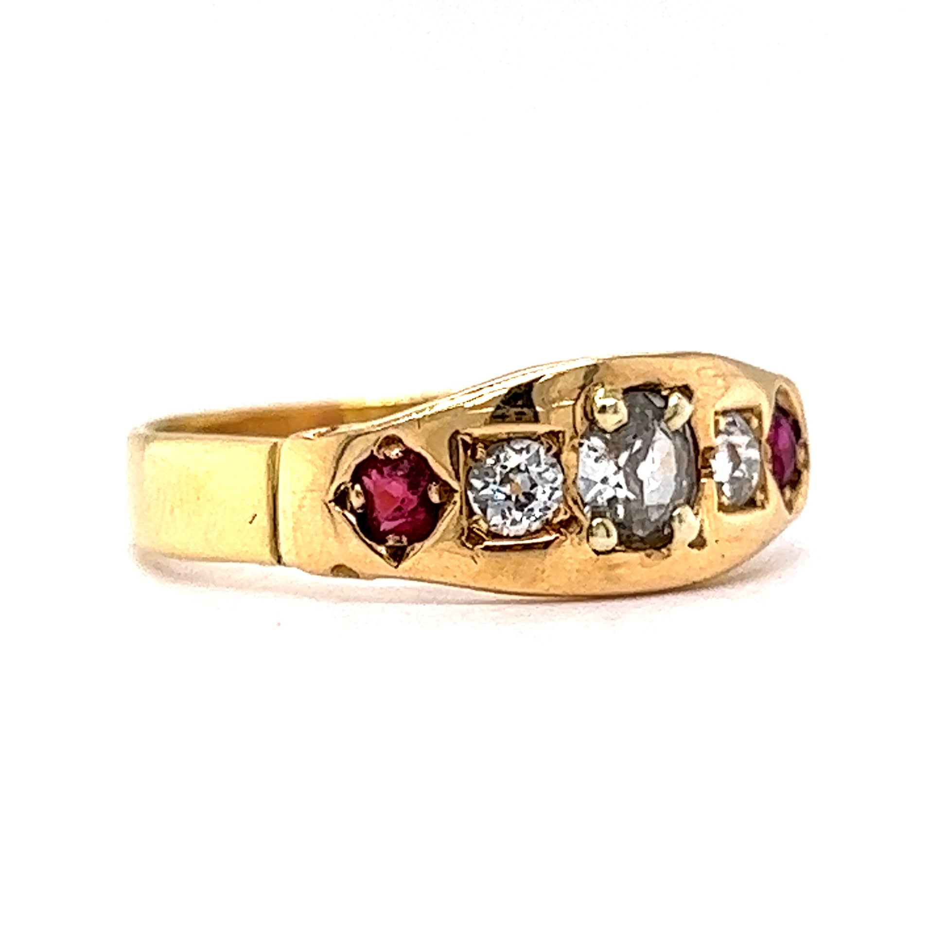 Victorian Five Stone Diamond & Ruby Band in 18k Yellow Gold