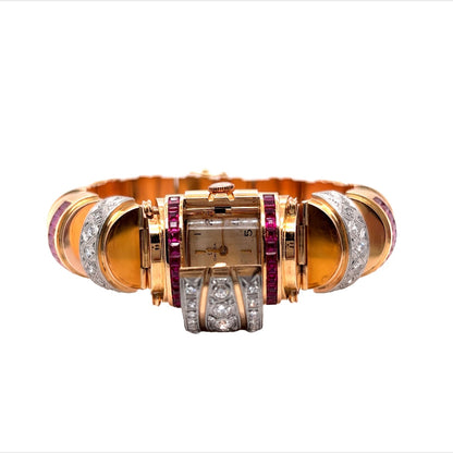 Retro Omega Diamond & Ruby Watch Bracelet in 18k Rose Gold