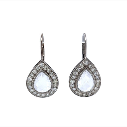 Pear Rose Cut Diamond Halo Drop Earrings in Platinum