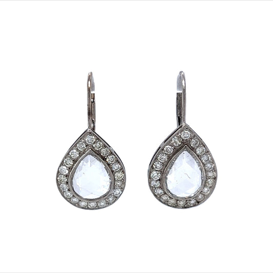 Pear Rose Cut Diamond Halo Drop Earrings in Platinum