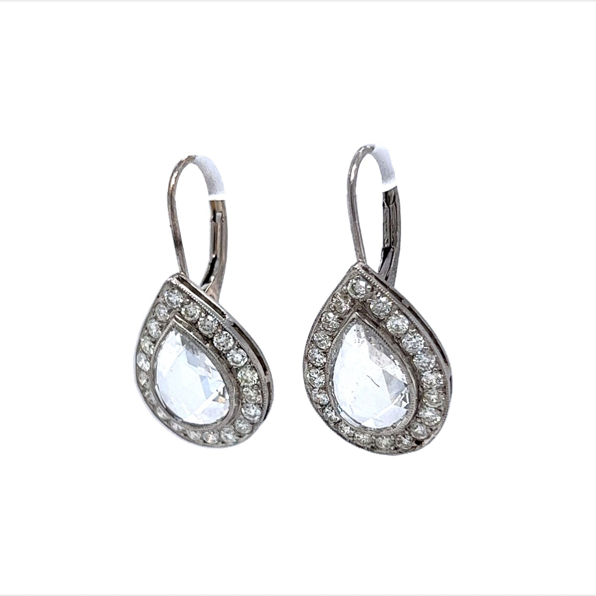 Pear Rose Cut Diamond Halo Drop Earrings in Platinum