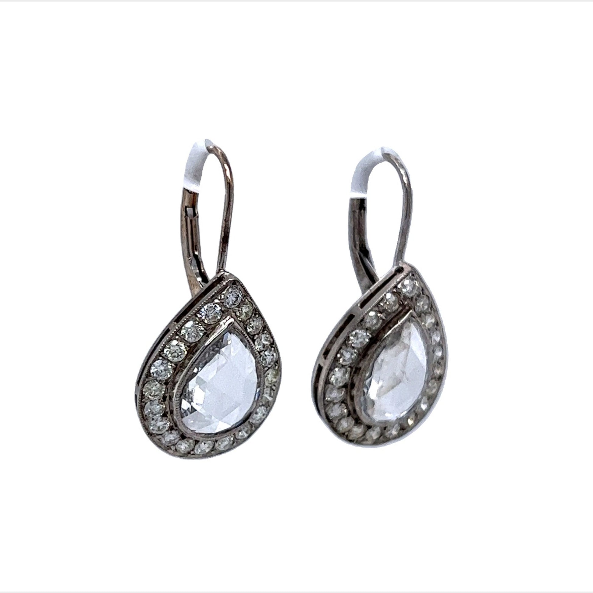 Pear Rose Cut Diamond Halo Drop Earrings in Platinum