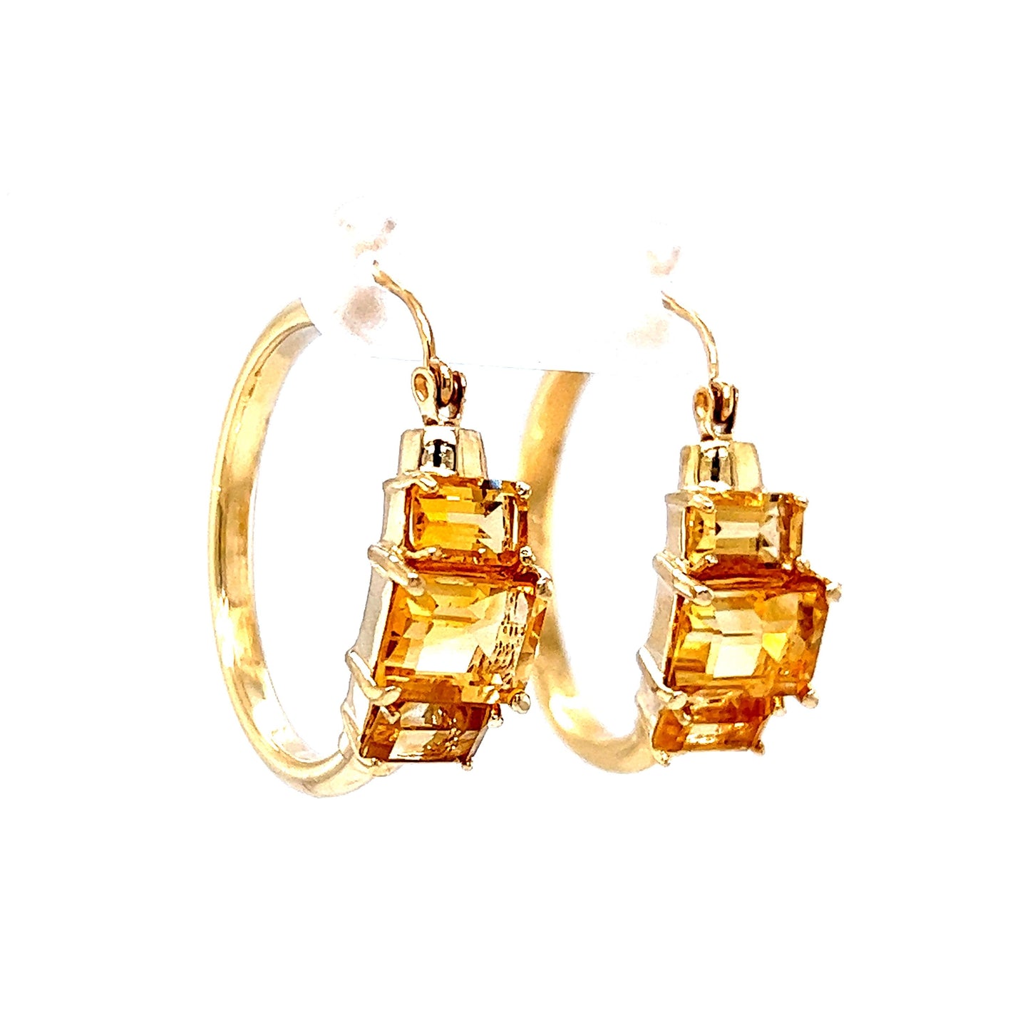 Emerald Cut Citrine Hoop Earrings in 14k Yellow Gold