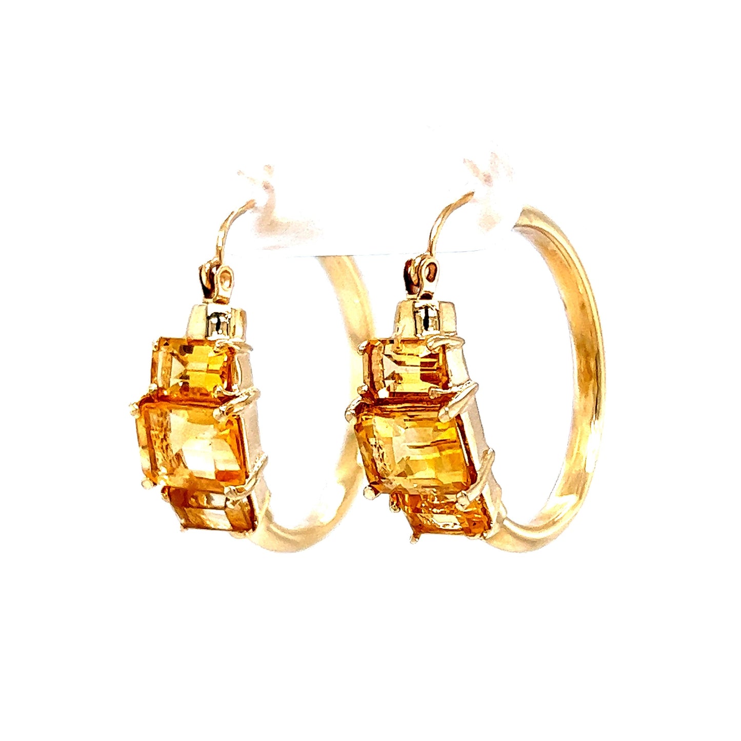 Emerald Cut Citrine Hoop Earrings in 14k Yellow Gold