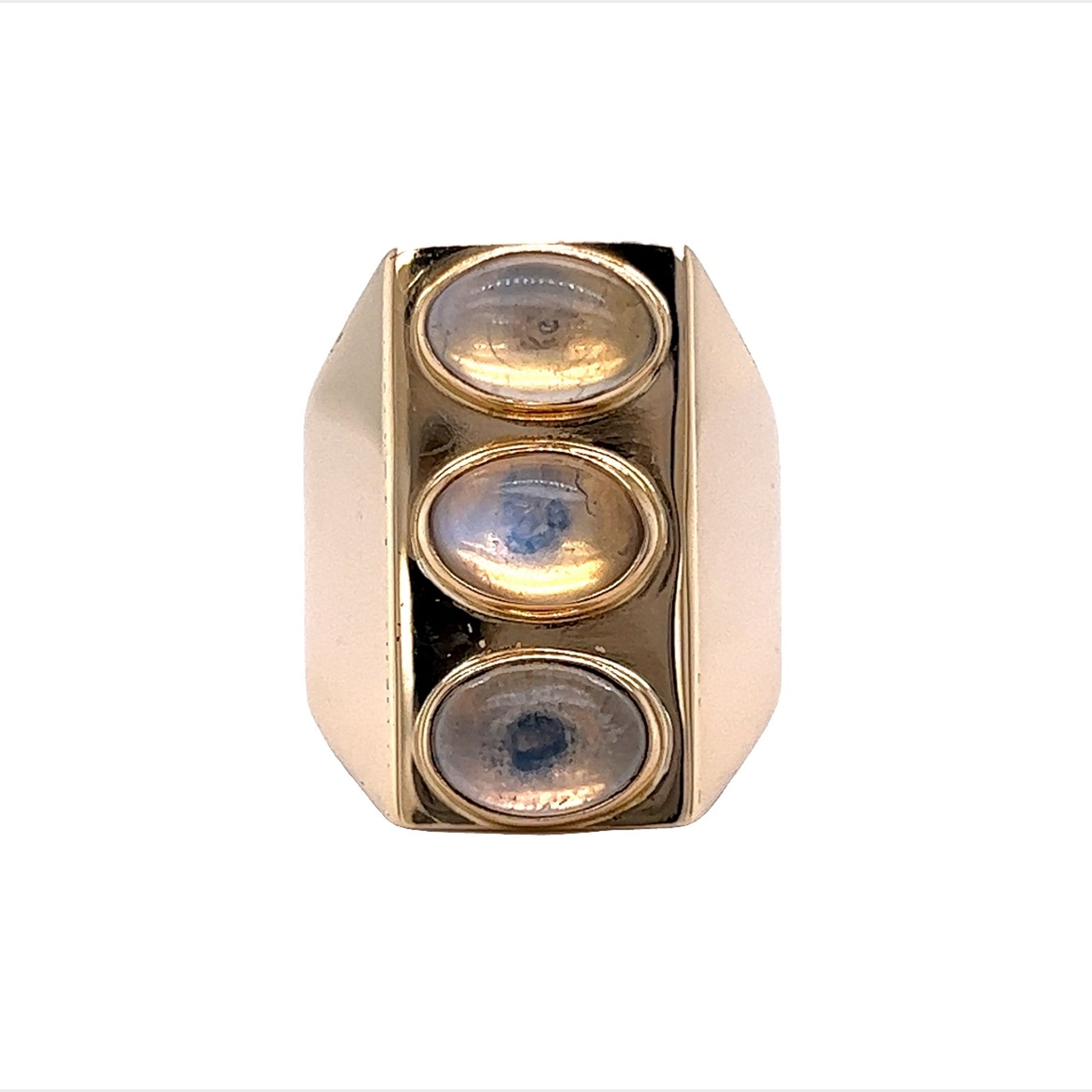 Three Stone Bezel Set Moonstone Cocktail Ring in 14k Yellow Gold