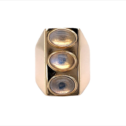 Three Stone Bezel Set Moonstone Cocktail Ring in 14k Yellow Gold