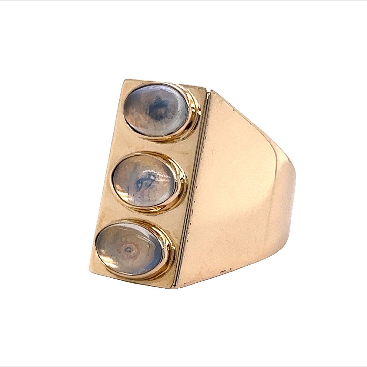 Three Stone Bezel Set Moonstone Cocktail Ring in 14k Yellow Gold