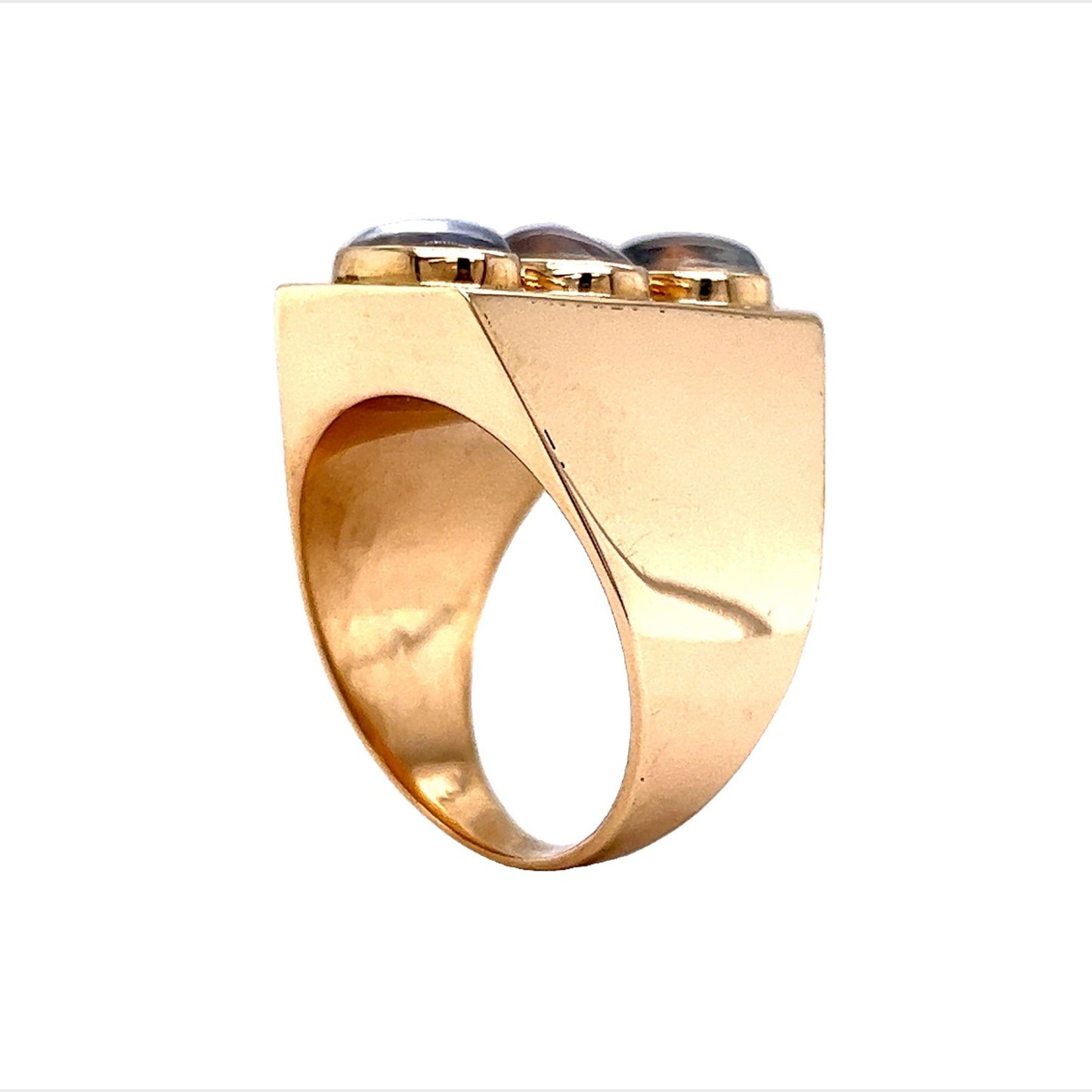 Three Stone Bezel Set Moonstone Cocktail Ring in 14k Yellow Gold