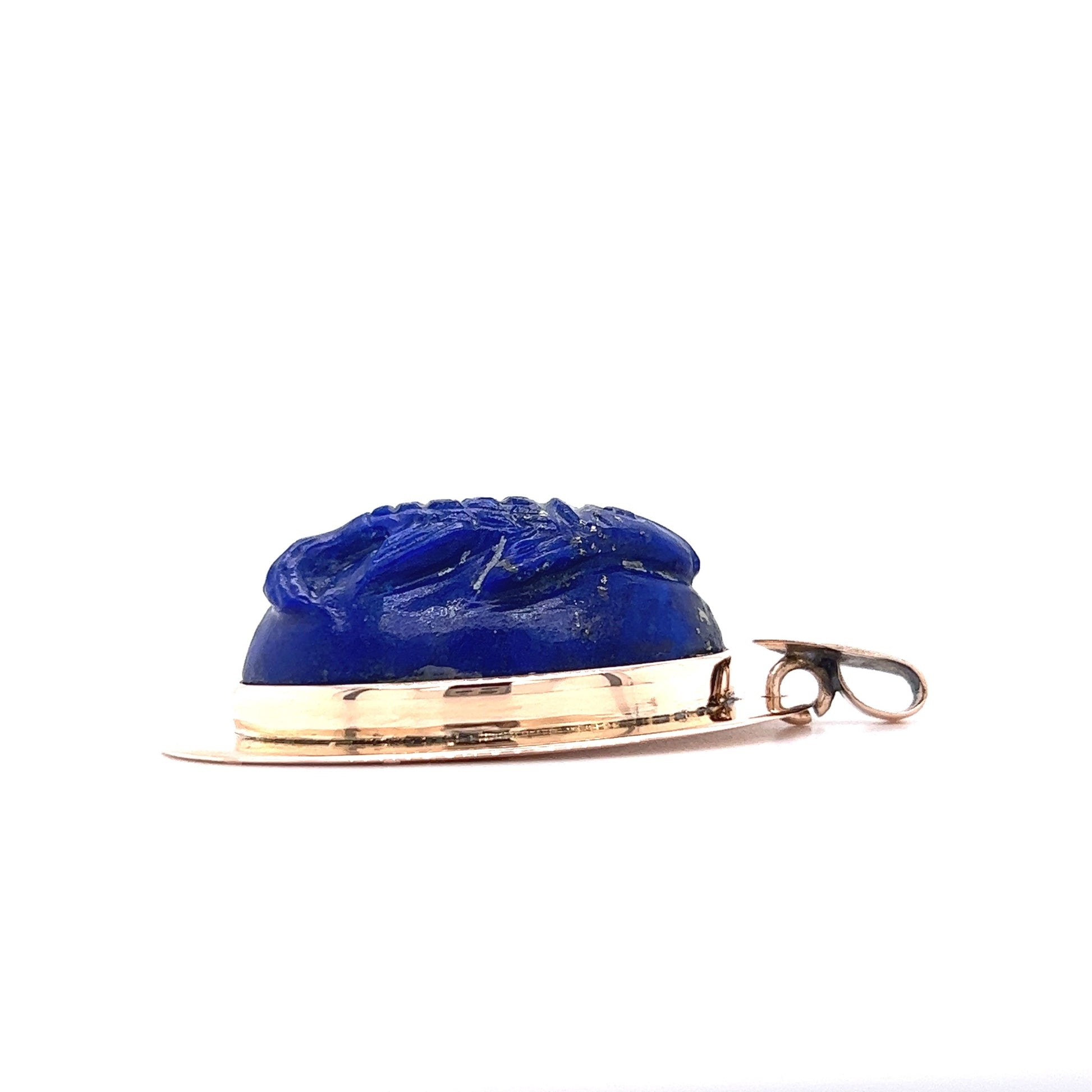 Victorian Carved Lapis Pisces Fish Pendant in 9k Yellow Gold