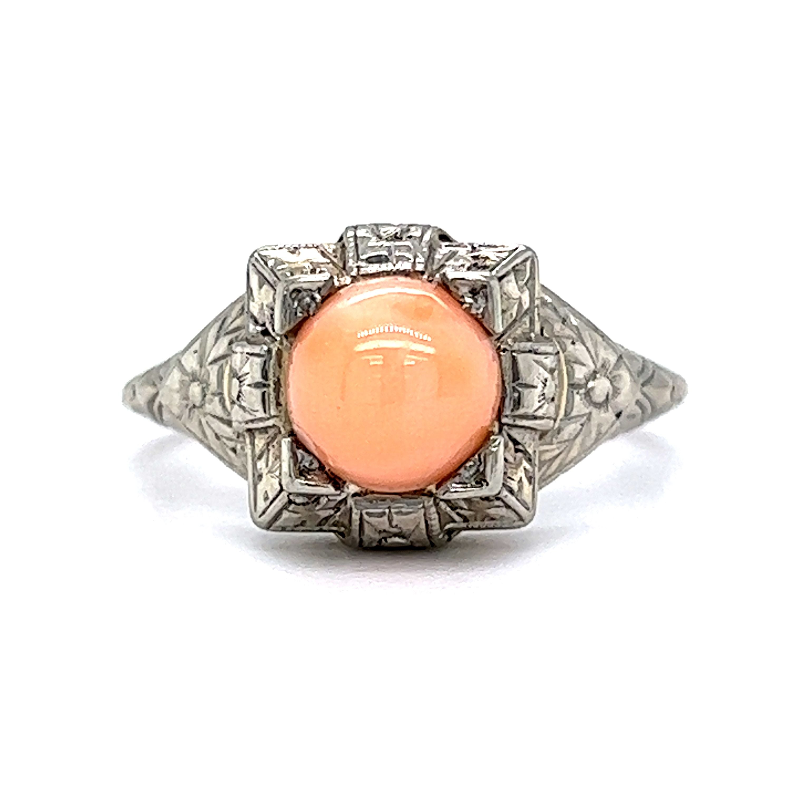 Antique Art Deco Cabochon Cut Coral Cocktail Ring in 18k White