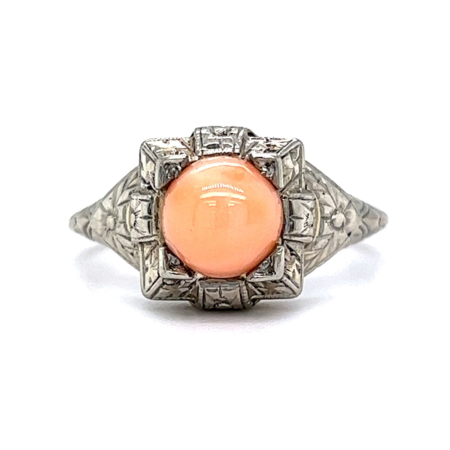 Antique Art Deco Cabochon Cut Coral Cocktail Ring in 18k White Gold