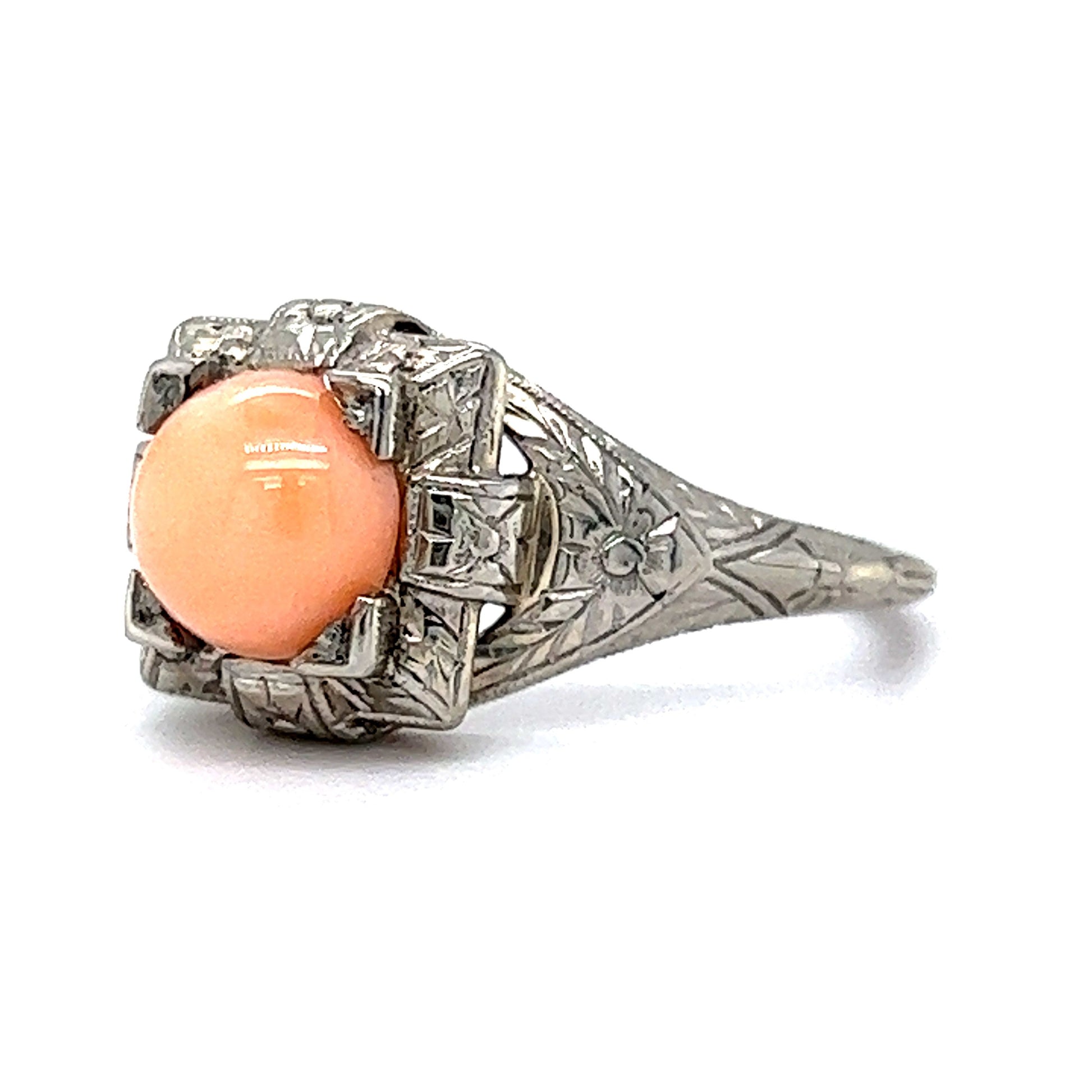 Antique Art Deco Cabochon Cut Coral Cocktail Ring in 18k White Gold