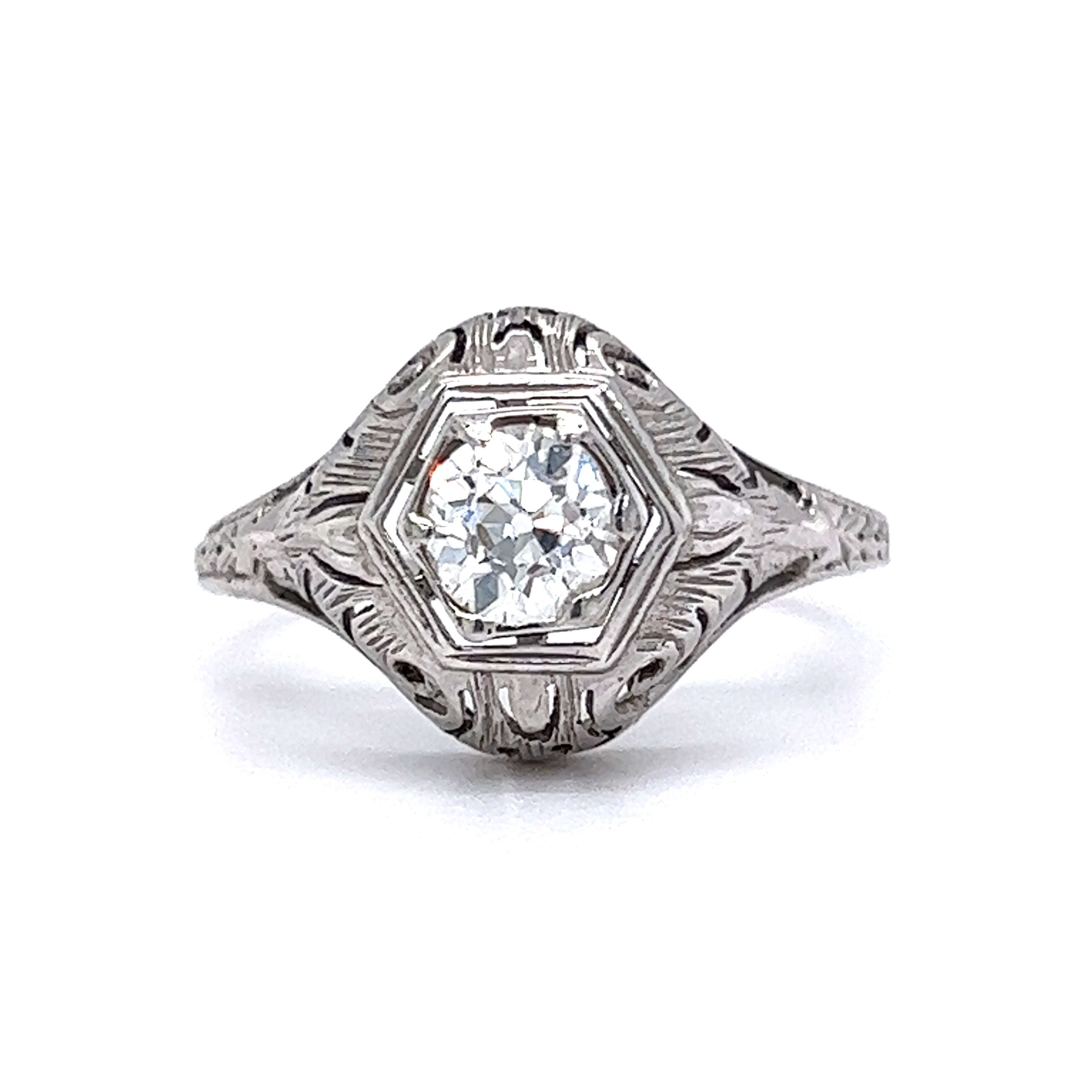 Half Carat Art Deco Engagement Ring in 14 Karat White Gold - Filigree ...