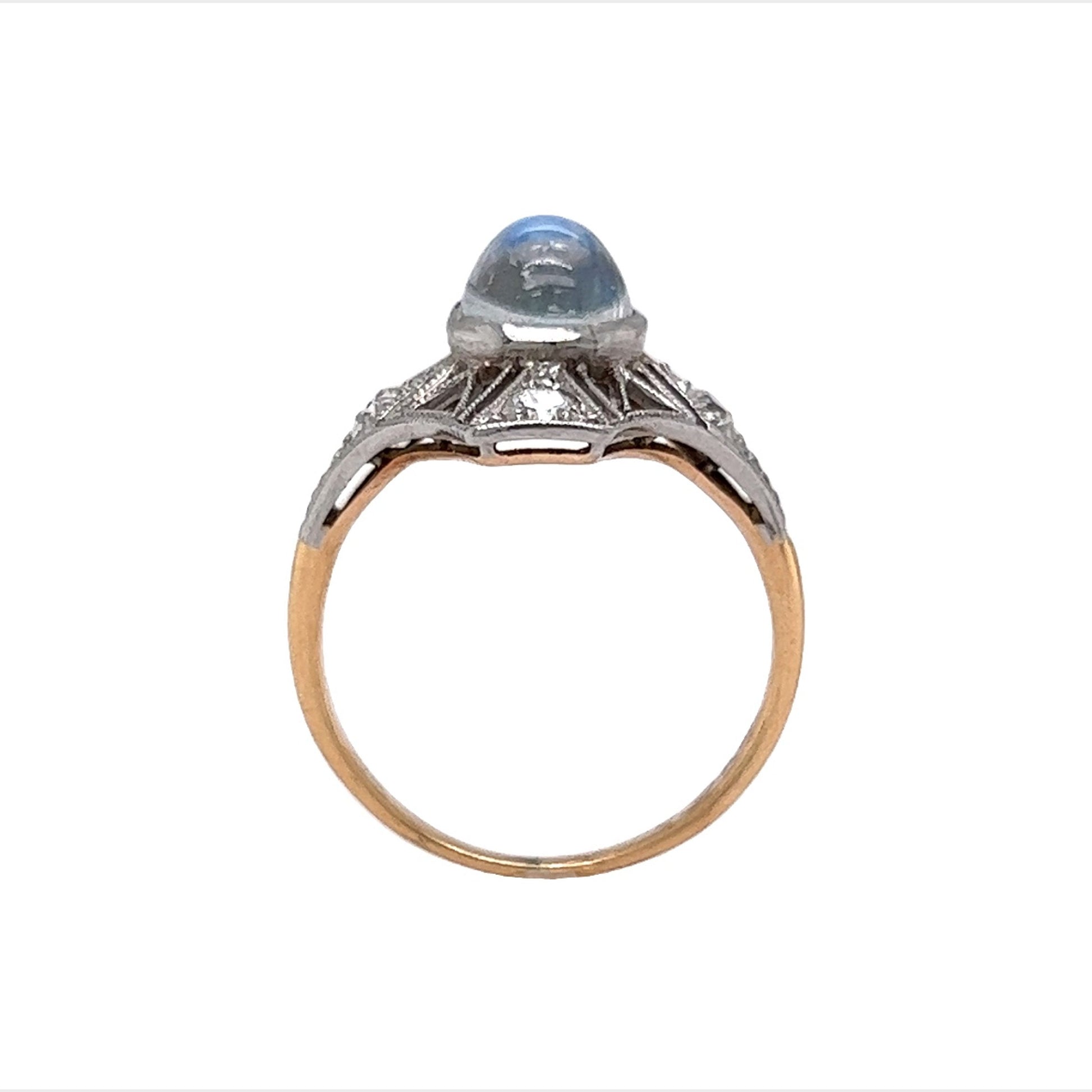Antique Right Hand Ring Art Deco Moonstone in Platinum & 14k Yellow Gold