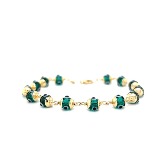 Hand Painted Green Glass Bead Evil Eye Bracelet in 14k Gold