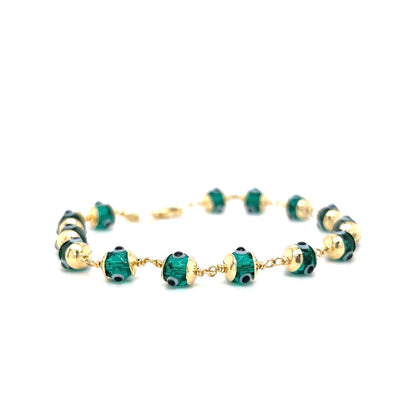 Hand Painted Green Glass Bead Evil Eye Bracelet in 14k Gold