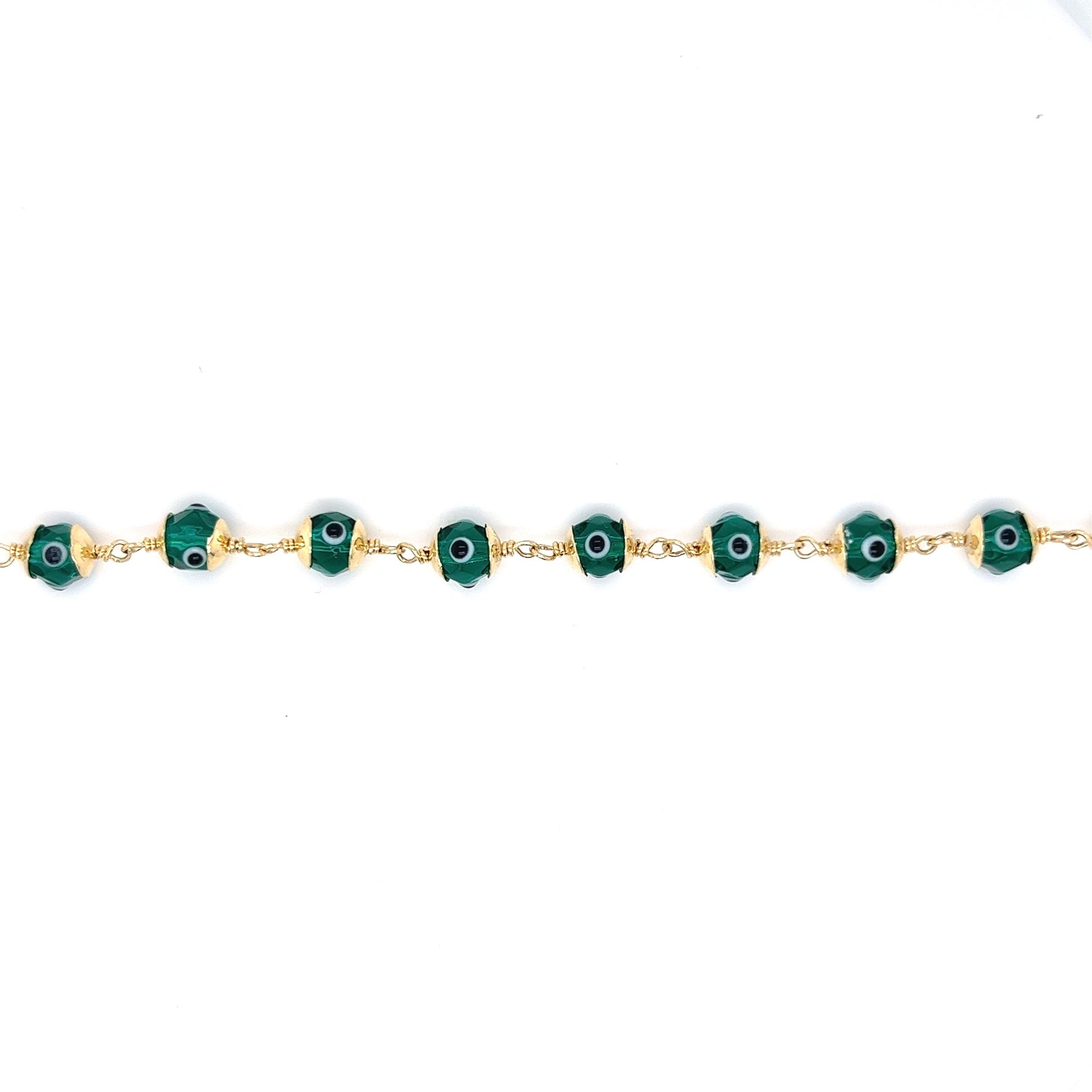 Hand Painted Green Glass Bead Evil Eye Bracelet in 14k Gold