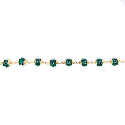 Hand Painted Green Glass Bead Evil Eye Bracelet in 14k Gold