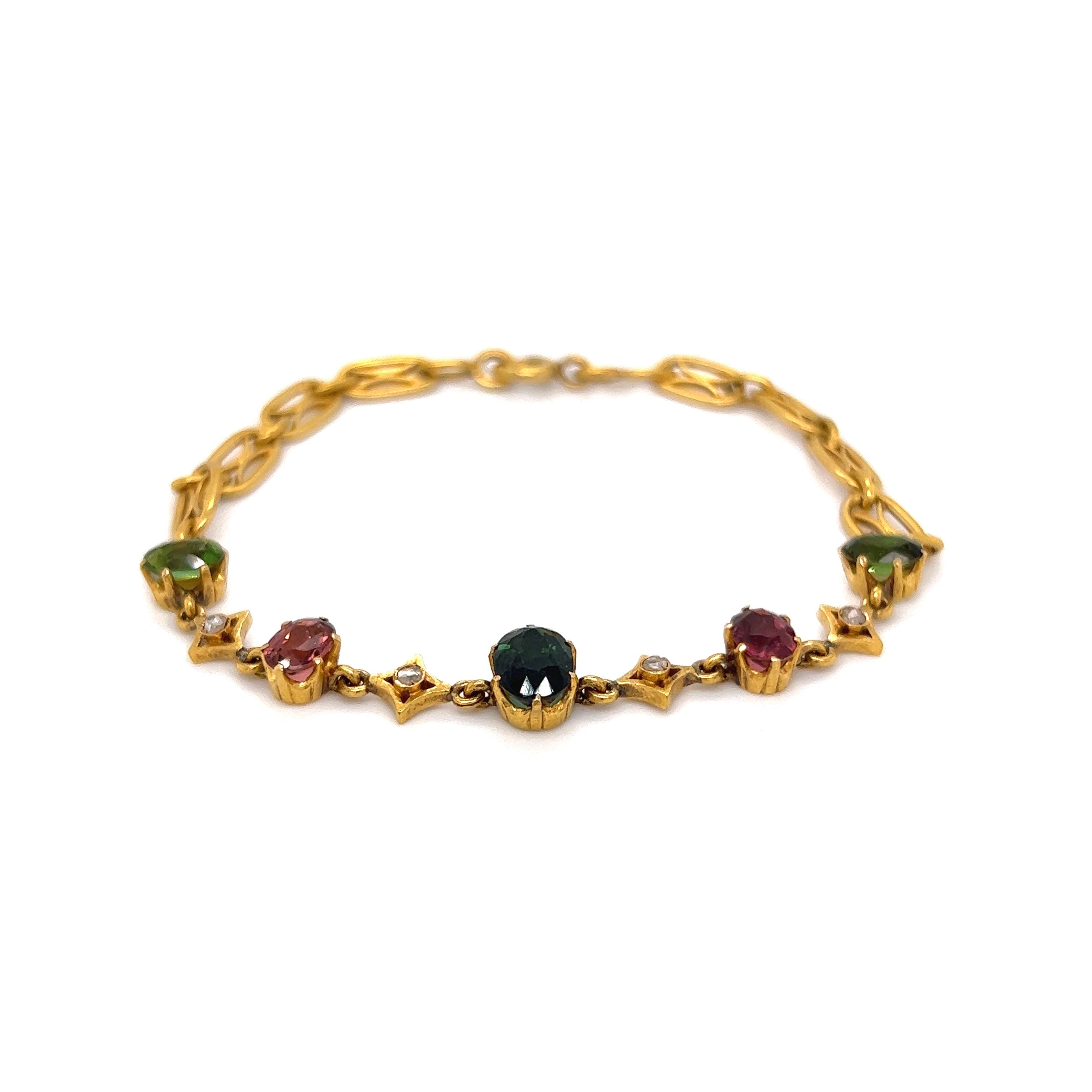 Art Nouveau Tourmaline Diamond Bracelet in 18k Yellow Gold