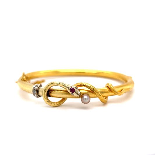 Victorian Snake Wrapped Bangle Bracelet with Diamonds in 14k Gold