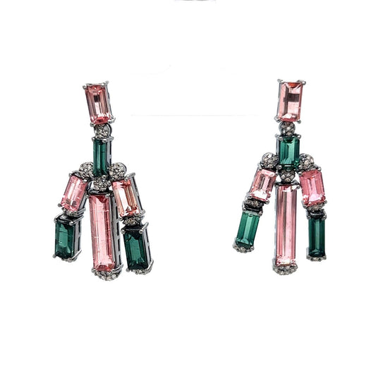 Pink & Green Tourmaline Drop Earrings in Sterling Silver