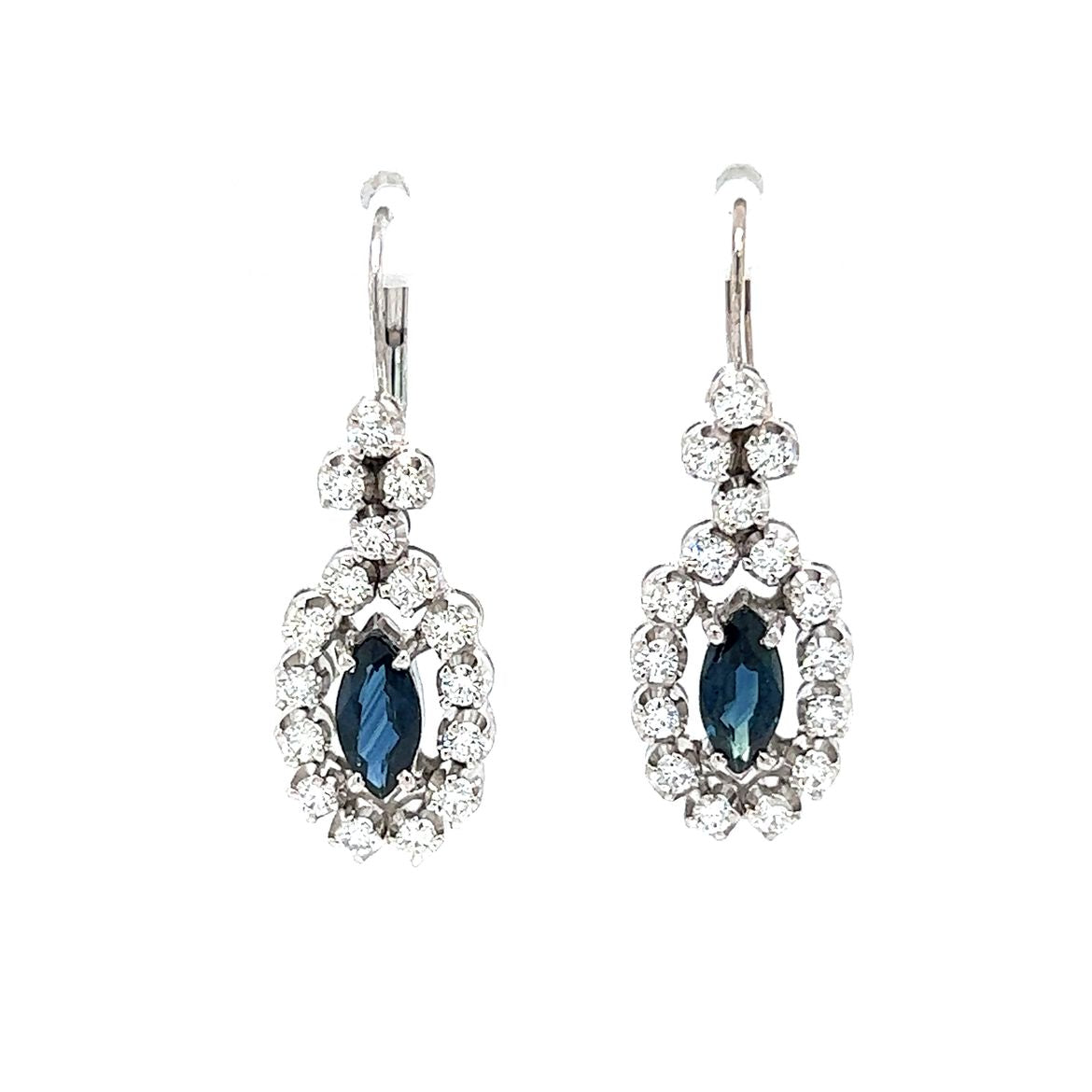 Marquise Sapphire & Diamond Cluster Earrings in 14k White Gold