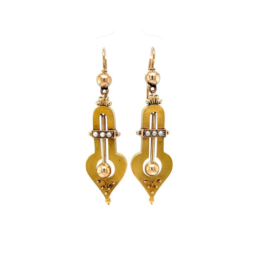Victorian Ornate Pearl Drop Earrings in 14k Yellow Gold