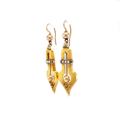 Victorian Ornate Pearl Drop Earrings in 14k Yellow Gold