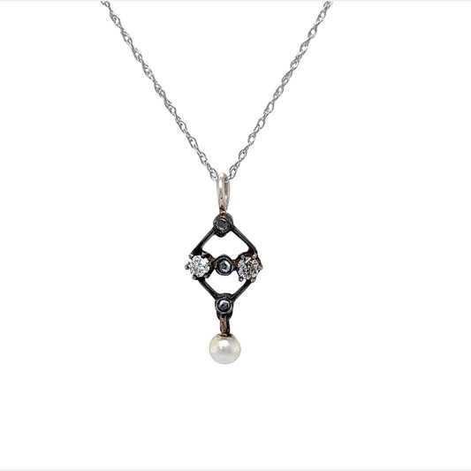 Antique Victorian Diamond & Pearl Pendant Necklace in Silver & 14k
