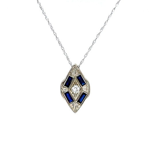 Art Deco Diamond & Synthetic Sapphire Pendant Necklace in 14k & 18k