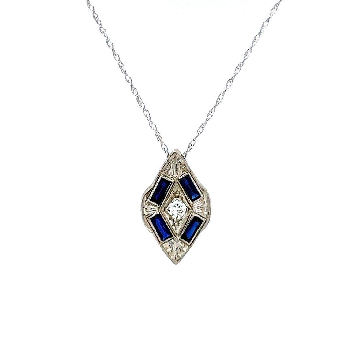 Art Deco Diamond & Synthetic Sapphire Pendant Necklace in 14k & 18k