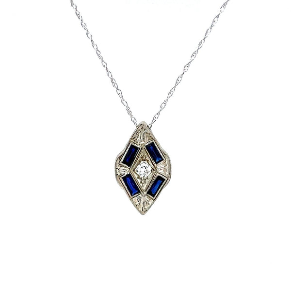 Art Deco Diamond & Synthetic Sapphire Pendant Necklace in