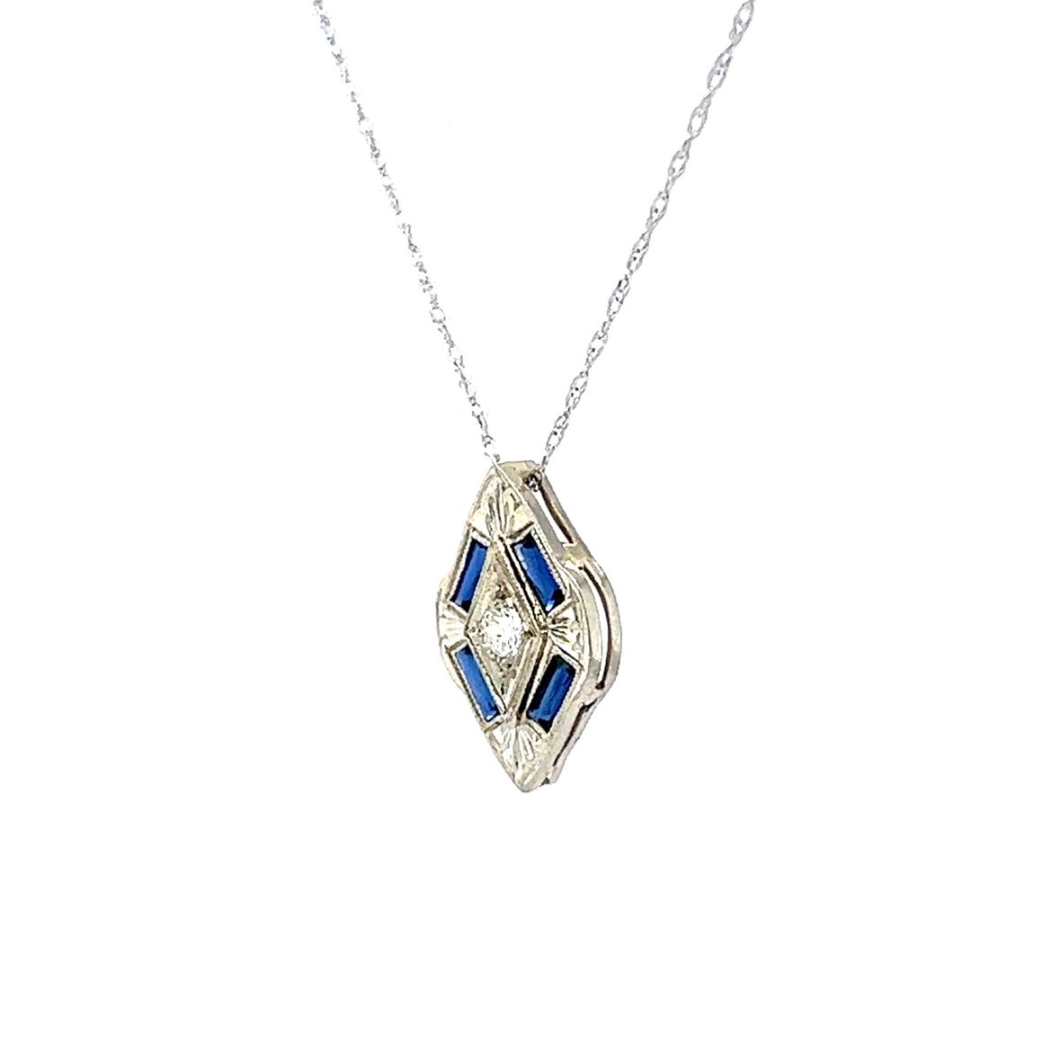 Art Deco Diamond & Synthetic Sapphire Pendant Necklace in 14k & 18k