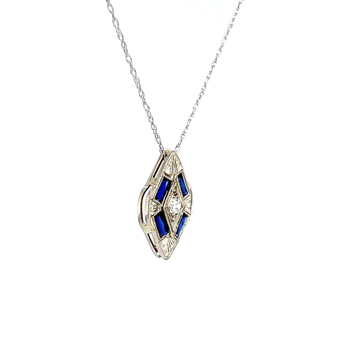 Art Deco Diamond & Synthetic Sapphire Pendant Necklace in 14k & 18k