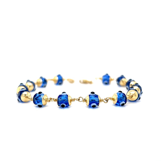 Hand Painted Blue Glass Bead Evil Eye Bracelet in 14k Gold