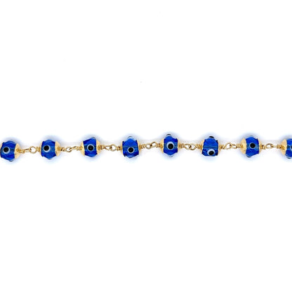 Hand Painted Blue Glass Bead Evil Eye Bracelet in 14k Gold
