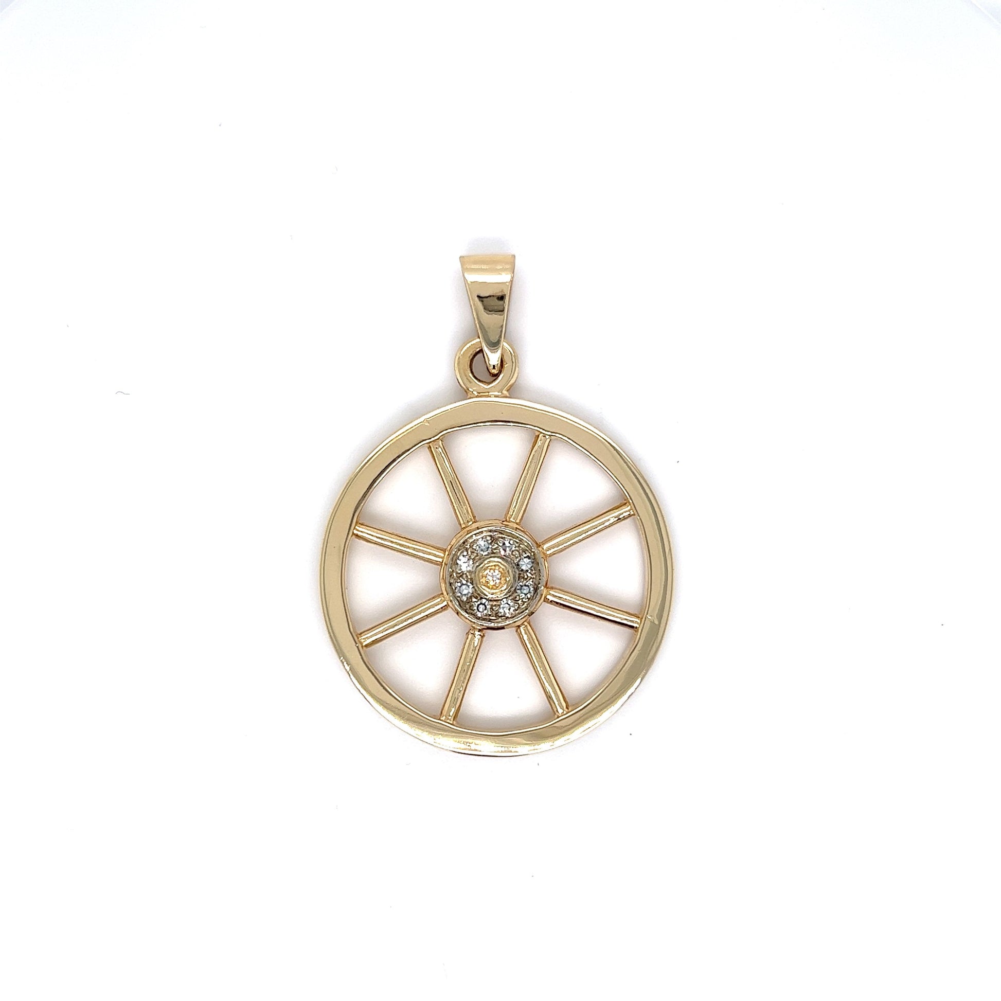 Vintage Diamond Wagon Wheel Pendant in 14k Yellow Gold