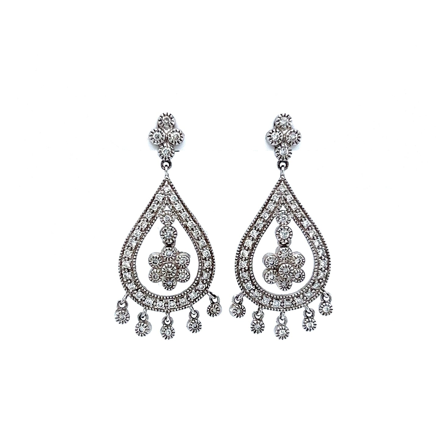 Antique Style Chandelier Diamond Dangle Earrings in 14k White Gold