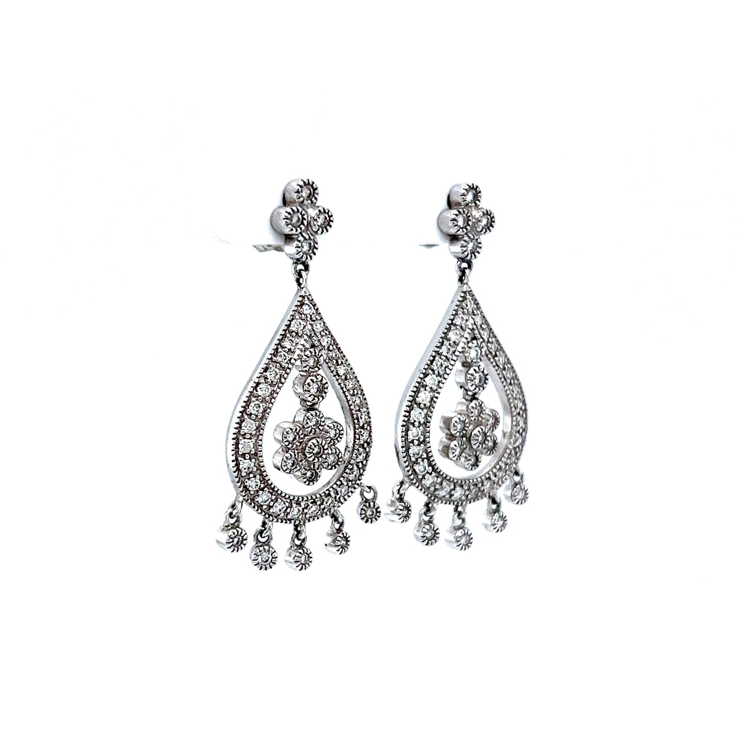 Antique Style Chandelier Diamond Dangle Earrings in 14k White Gold