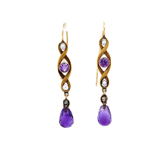 Antique Amethyst Dangle Earrings in 14k Yellow Gold